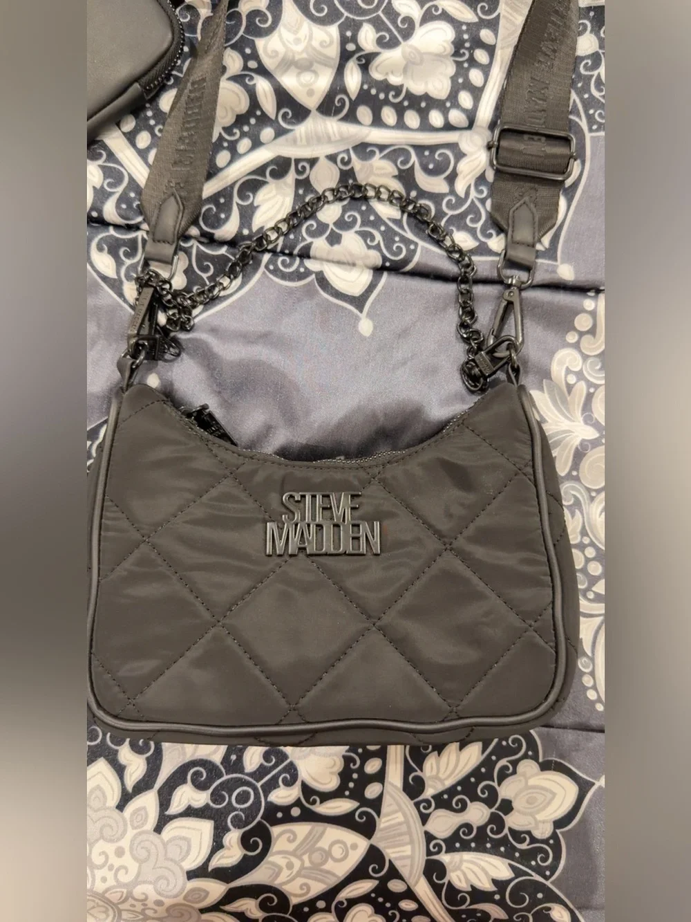 Steve Madden Quilted Black Shoulder Bag with Chain and Adjustable Strap